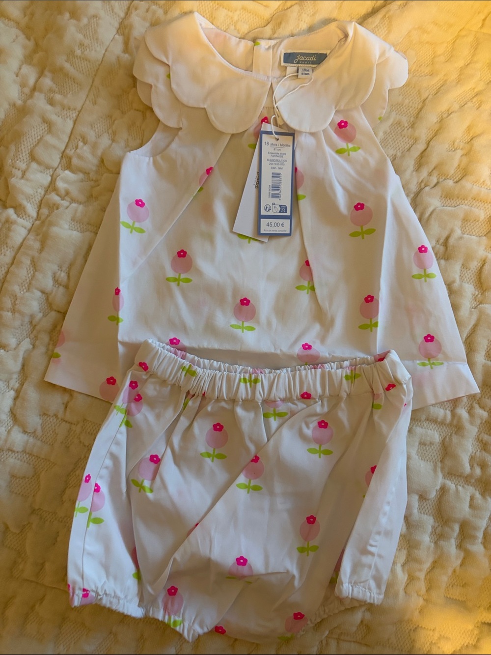 Jacadi White Top and Bloomers with Pink Floral Print